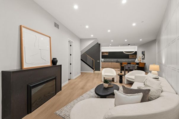 Interior, Kitchen, Living room, Pendant Lights, Recessed Lighting, Wood Texture Flooring