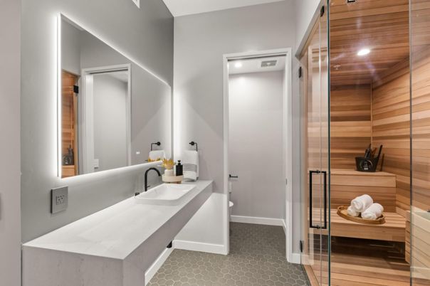 Bathroom, Dual Sink Vanities, Glass Shower, Interior, Recessed Lighting, Wooden Walls