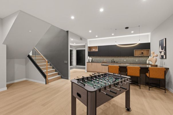 Game Room, Interior, Kitchen, Pendant Lights, Recessed Lighting, Wood Texture Flooring