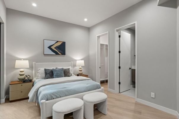 Bedroom, Interior, Recessed Lighting, Wood Texture Flooring