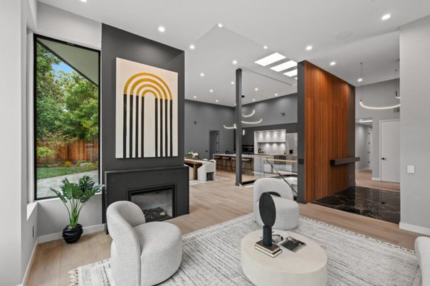 Fireplace, Interior, Kitchen, Pendant Lights, Recessed Lighting, Stainless Steel Appliances, Wood Texture Flooring