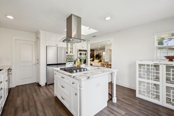 Interior, Kitchen, Recessed Lighting, Stainless Steel Appliances, Wood Texture Flooring