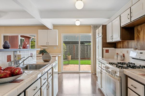 Interior, Kitchen, Tile Countertops, Wood Texture Flooring