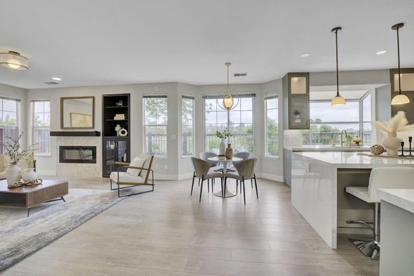 Dining room, Fireplace, Interior, Living room, Pendant Lights, Recessed Lighting, Wood Texture Flooring