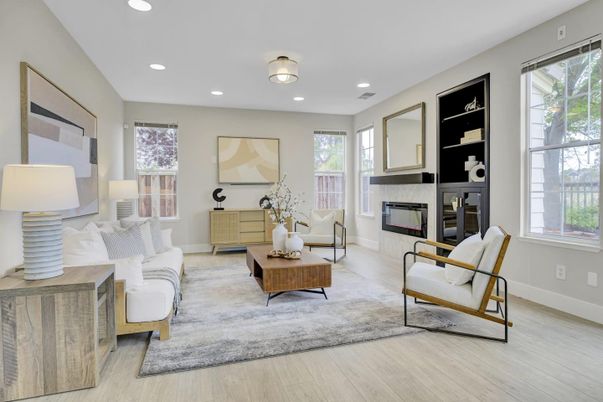 Fireplace, Interior, Living room, Recessed Lighting, Wood Texture Flooring