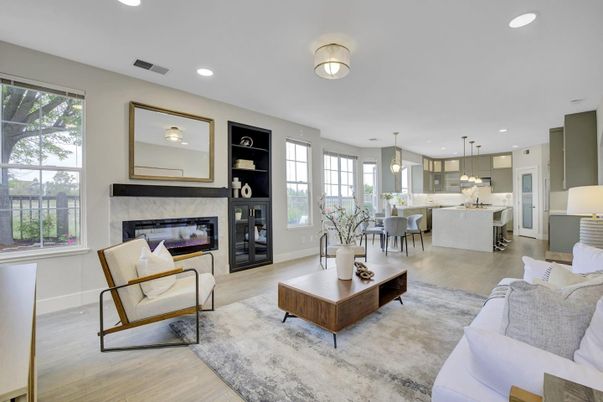 Dining room, Fireplace, Interior, Kitchen, Living room, Pendant Lights, Recessed Lighting, Wood Texture Flooring