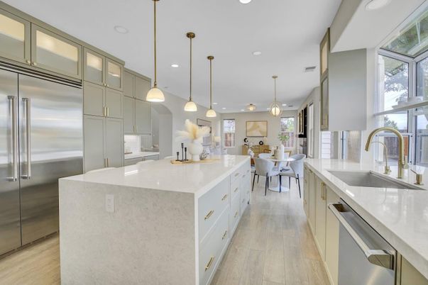 Dining room, Interior, Kitchen, Pendant Lights, Recessed Lighting, Stainless Steel Appliances, Wood Texture Flooring