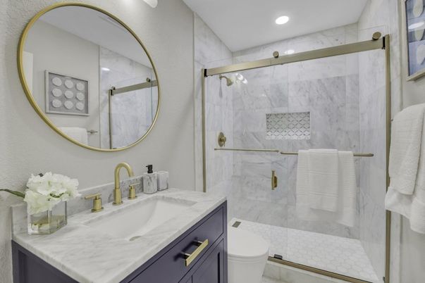Bathroom, Glass Shower, Interior, Marble Walls, Recessed Lighting
