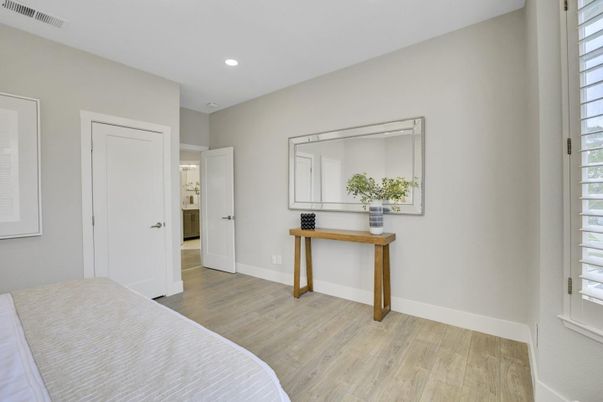Bedroom, Interior, Recessed Lighting, Wood Texture Flooring