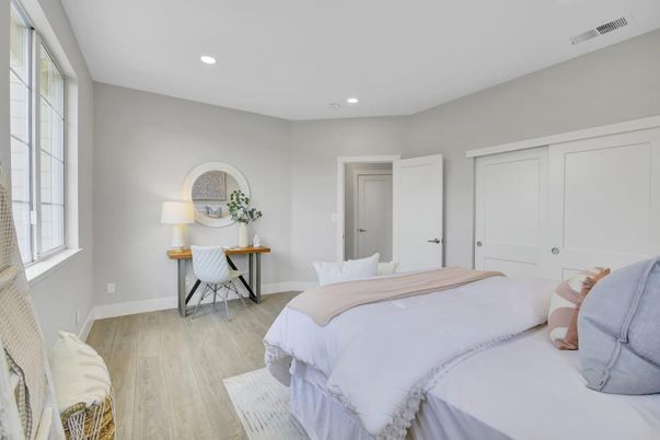 Bedroom, Interior, Recessed Lighting, Wood Texture Flooring