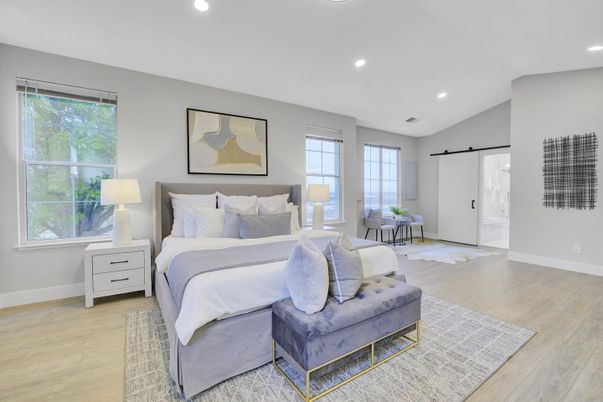 Bedroom, Interior, Recessed Lighting, Wood Texture Flooring
