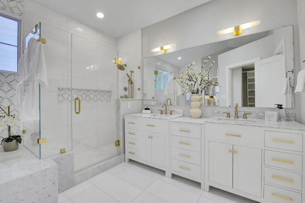 Bathroom, Dual Sink Vanities, Glass Shower, Interior, Recessed Lighting