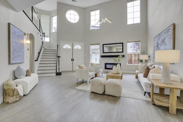 Fireplace, Interior, Living room, Pendant Lights, Wood Texture Flooring