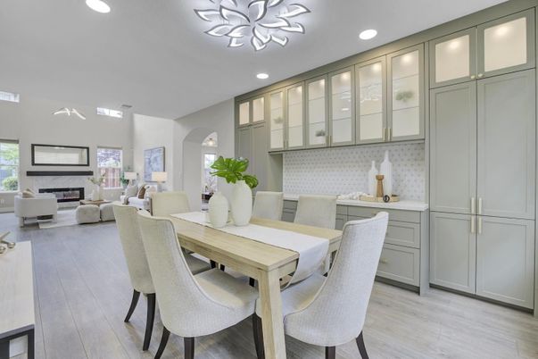 Dining room, Interior, Living room, Recessed Lighting, Wood Texture Flooring