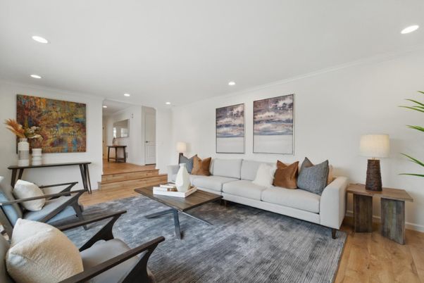 Fireplace, Interior, Kitchen, Recessed Lighting, Stainless Steel Appliances, Wood Texture Flooring