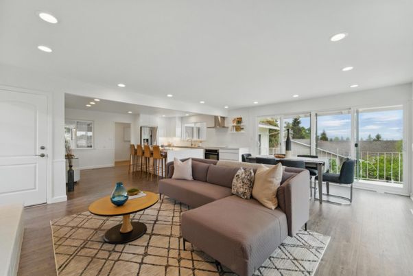 Dining room, Fireplace, Interior, Kitchen, Living room, Recessed Lighting, Stainless Steel Appliances, Wood Texture Flooring