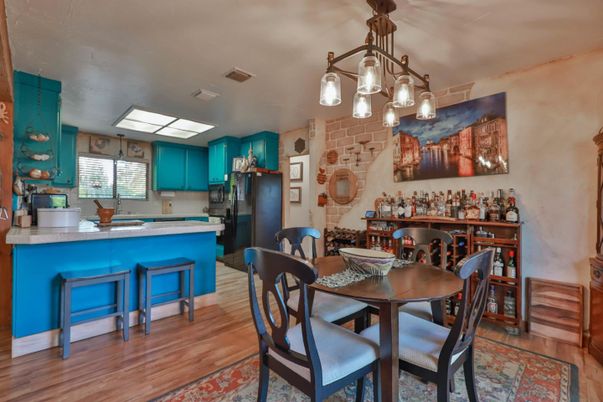 Dining room, Interior, Kitchen, Pendant Lights, Wood Texture Flooring
