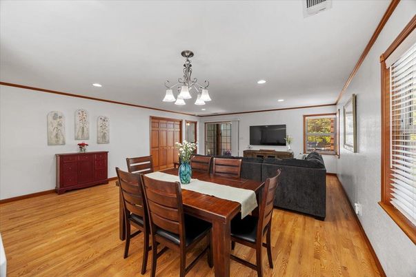 Chandelier, Dining room, Interior, Living room, Recessed Lighting, Wood Texture Flooring