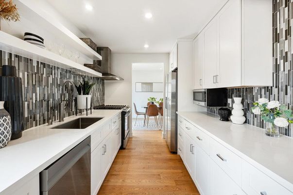 Dining room, Interior, Kitchen, Recessed Lighting, Stainless Steel Appliances, Wood Texture Flooring
