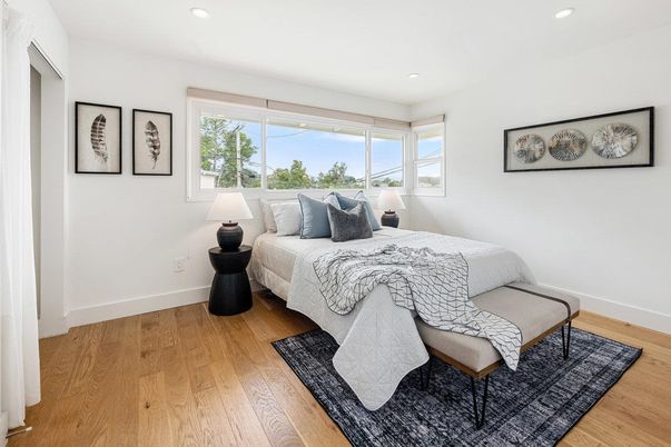Bedroom, Interior, Recessed Lighting, Wood Texture Flooring