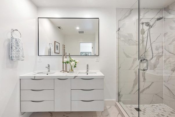 Bathroom, Dual Sink Vanities, Glass Shower, Interior, Marble, Marble Walls, Recessed Lighting