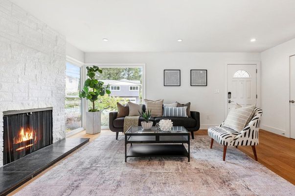 Fireplace, Interior, Living room, Recessed Lighting, Stone Walls, Wood Texture Flooring