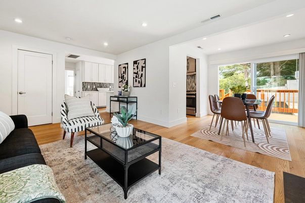 Dining room, Interior, Living room, Recessed Lighting, Wood Texture Flooring