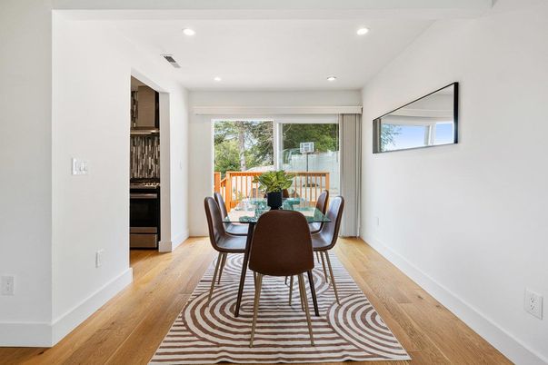 Dining room, Interior, Recessed Lighting, Wood Texture Flooring