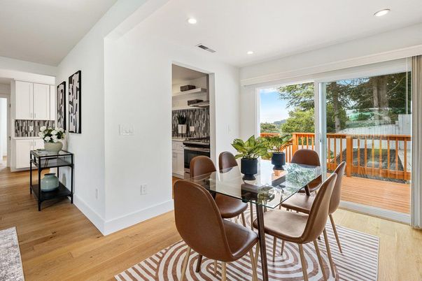 Dining room, Interior, Recessed Lighting, Wood Texture Flooring