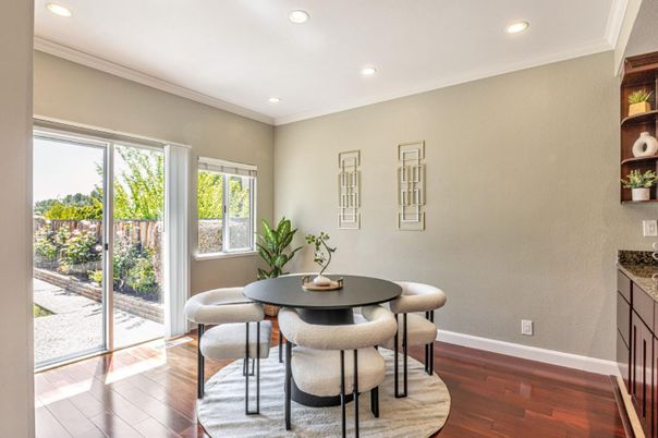 Dining room, Interior, Recessed Lighting, Wood Texture Flooring