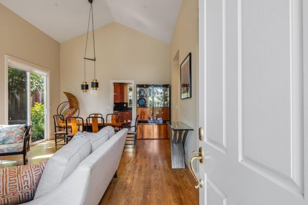Dining room, Interior, Living room, Pendant Lights, Wood Texture Flooring