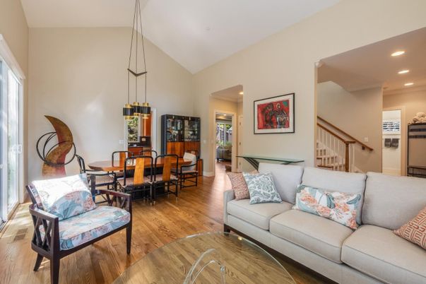 Dining room, Interior, Living room, Pendant Lights, Recessed Lighting, Wood Texture Flooring
