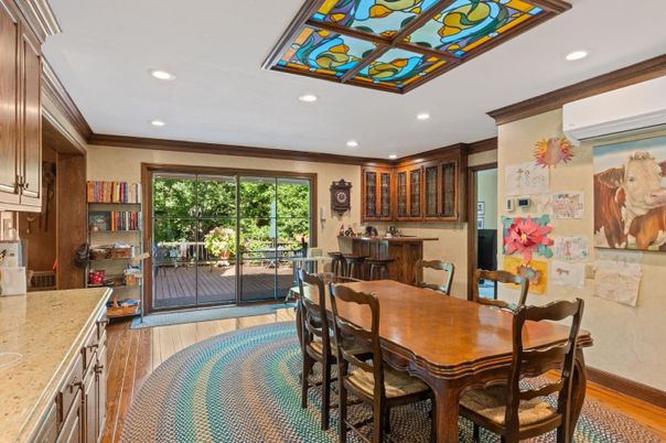 Dining room, Interior, Recessed Lighting, Wood Texture Flooring