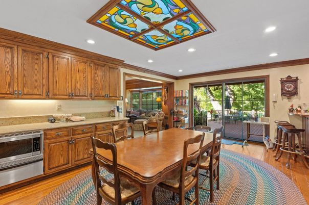 Dining room, Interior, Kitchen, Living room, Recessed Lighting, Stainless Steel Appliances, Wood Texture Flooring