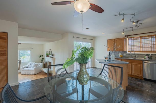 Dining room, Fireplace, Interior, Kitchen, Recessed Lighting, Wood Texture Flooring
