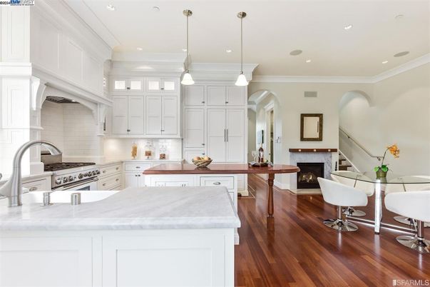 Fireplace, Interior, Kitchen, Pendant Lights, Recessed Lighting, Stainless Steel Appliances, Wood Texture Flooring
