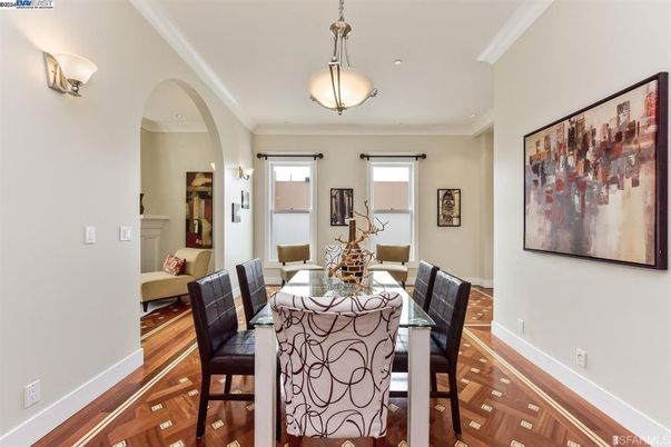 Dining room, Interior, Pendant Lights, Recessed Lighting, Wood Texture Flooring