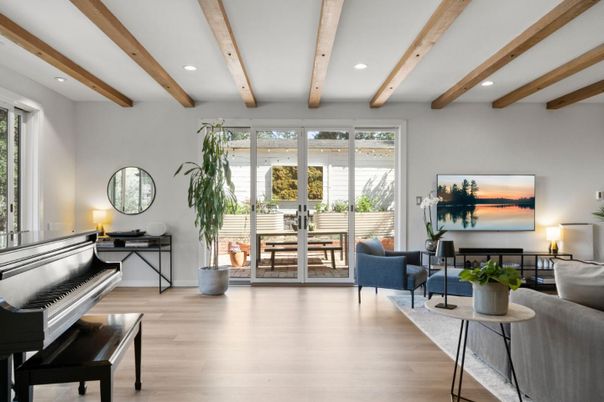 Interior, Living room, Piano, Recessed Lighting, Wooden Beams, Wood Texture Flooring