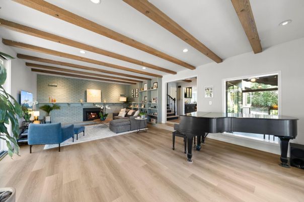 Fireplace, Interior, Living room, Piano, Recessed Lighting, Stone Walls, Wooden Beams, Wood Texture Flooring