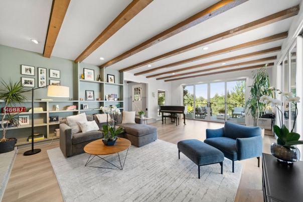 Interior, Living room, Piano, Recessed Lighting, Wooden Beams, Wood Texture Flooring