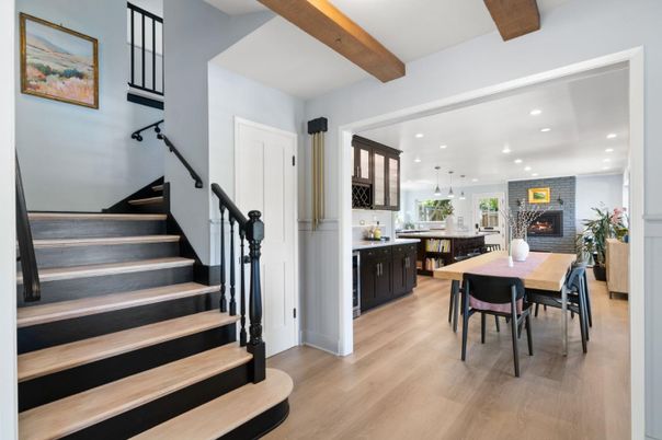Dining room, Fireplace, Interior, Kitchen, Pendant Lights, Recessed Lighting, Stone Walls, Wooden Beams, Wood Texture Flooring