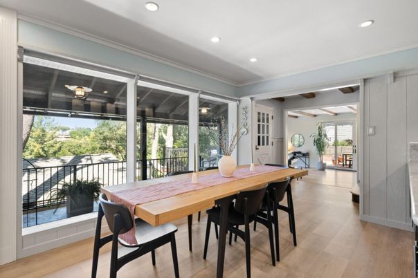 Dining room, Interior, Recessed Lighting, Wood Texture Flooring