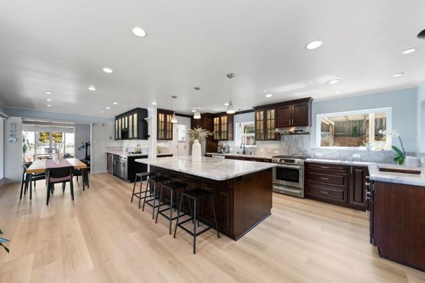 Interior, Kitchen, Pendant Lights, Recessed Lighting, Stainless Steel Appliances, Wood Texture Flooring