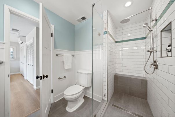 Bathroom, Glass Shower, Interior, Recessed Lighting, Wood Texture Flooring