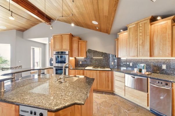 Interior, Kitchen, Pendant Lights, Recessed Lighting, Stainless Steel Appliances, Wooden Ceilings