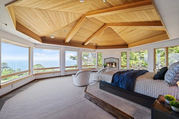Bedroom, Fireplace, Interior, Recessed Lighting, Wooden Beams, Wooden Ceilings