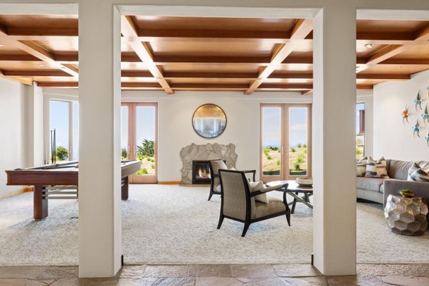 Billiard Table, Fireplace, Game Room, Interior, Living room, Recessed Lighting, Wooden Beams