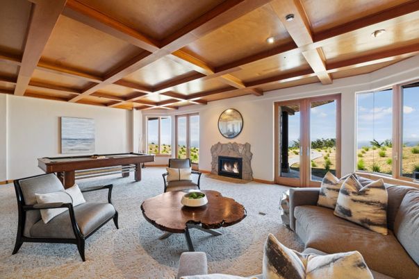 Billiard Table, Fireplace, Game Room, Interior, Living room, Recessed Lighting, Wooden Beams