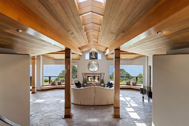 Fireplace, Interior, Living room, Piano, Recessed Lighting, Wooden Beams, Wooden Ceilings