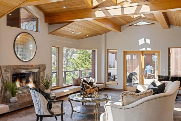 Fireplace, Interior, Living room, Recessed Lighting, Wooden Beams, Wooden Ceilings